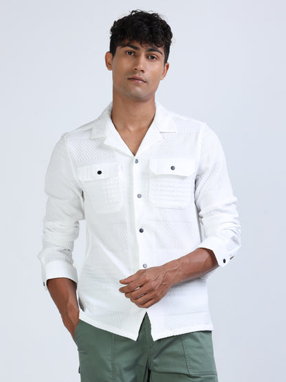 White Double Pocket Textured Shirt for Men 