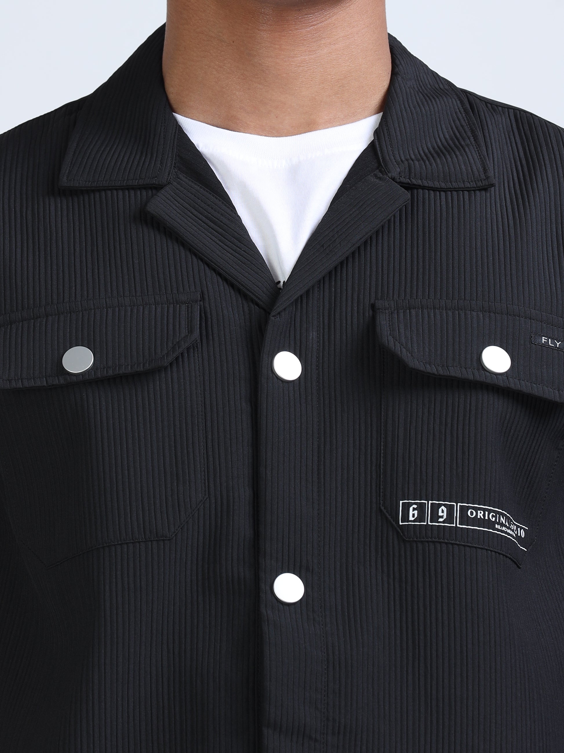 Black Cuban Collar Textured Overshirt for Men 