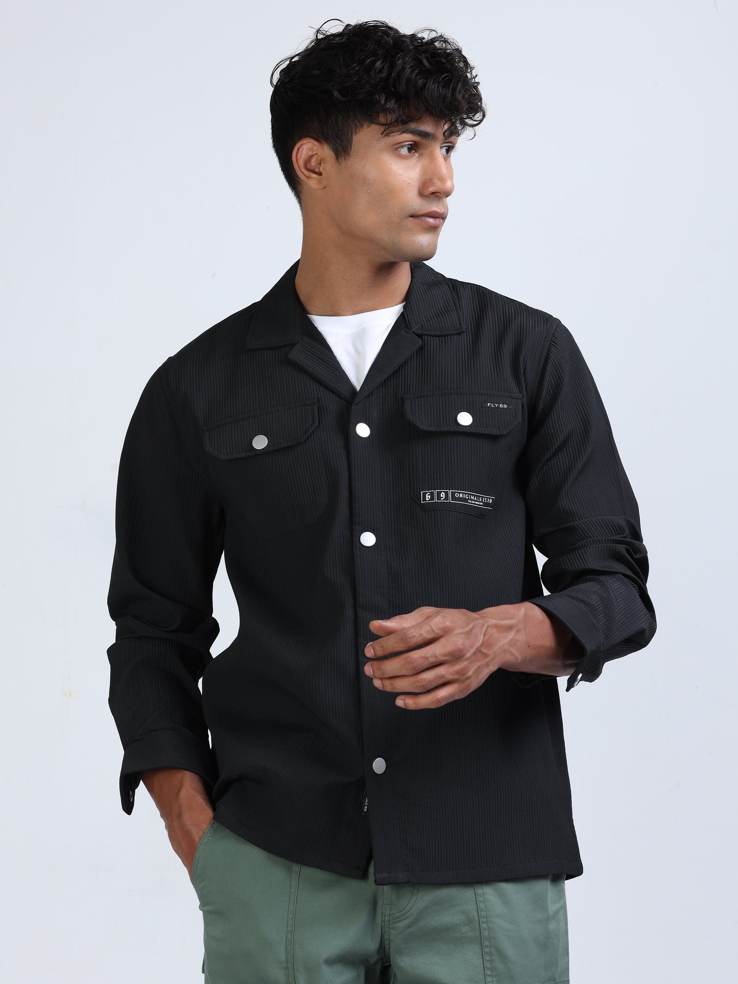 Black Cuban Collar Textured Overshirt for Men 