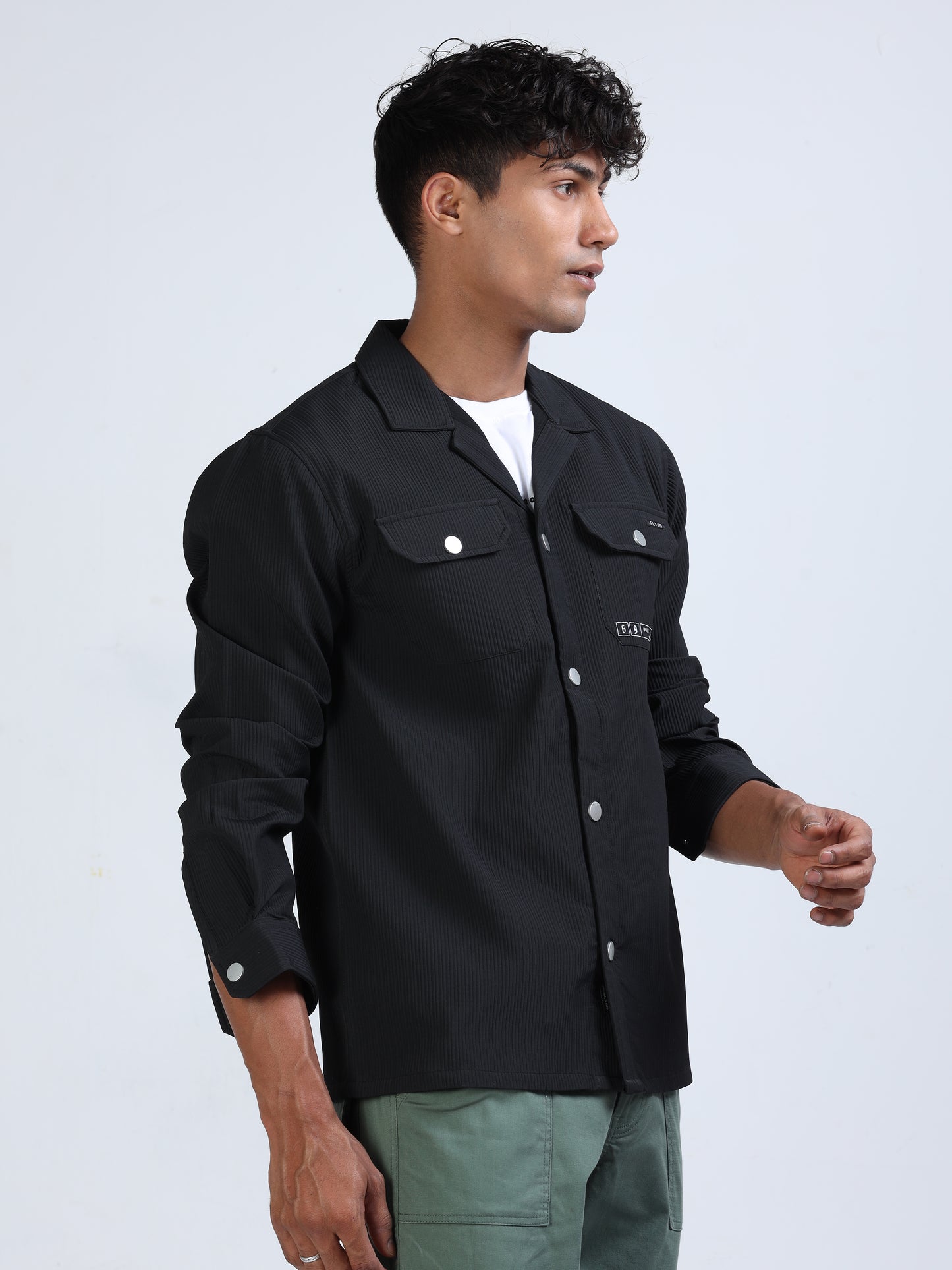 Black Cuban Collar Textured Overshirt for Men 