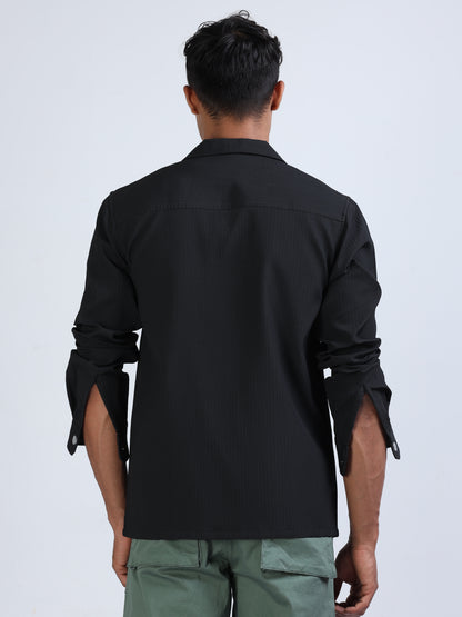 Black Cuban Collar Textured Overshirt for Men 