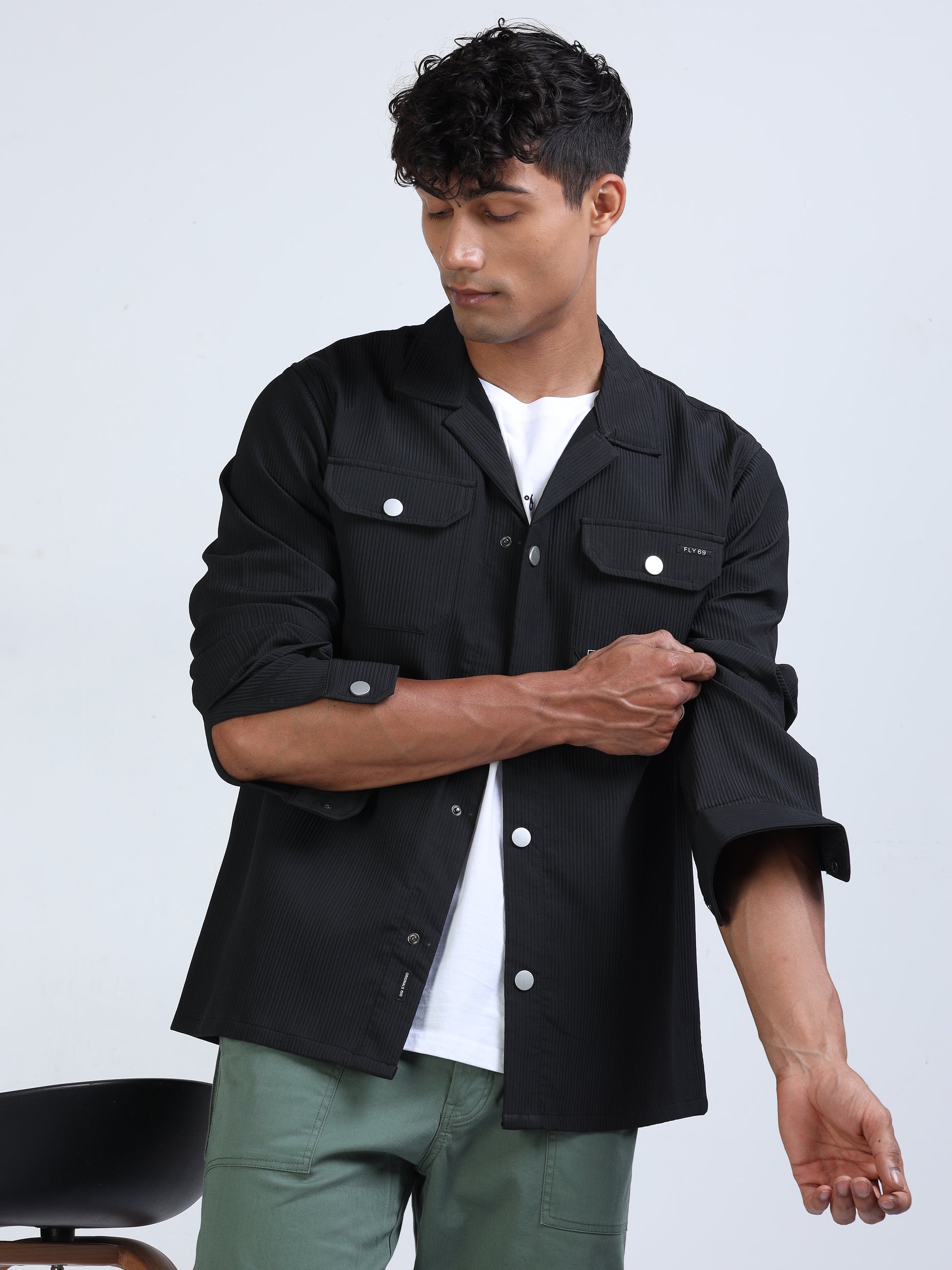 Black Cuban Collar Textured Overshirt for Men 