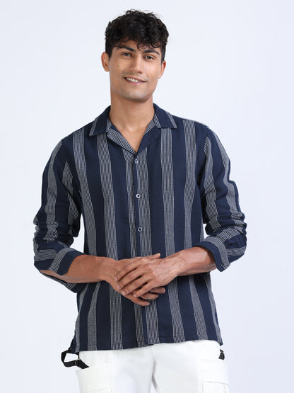 Navy Cuban Collar Cotton Dobby Shirt for Men 