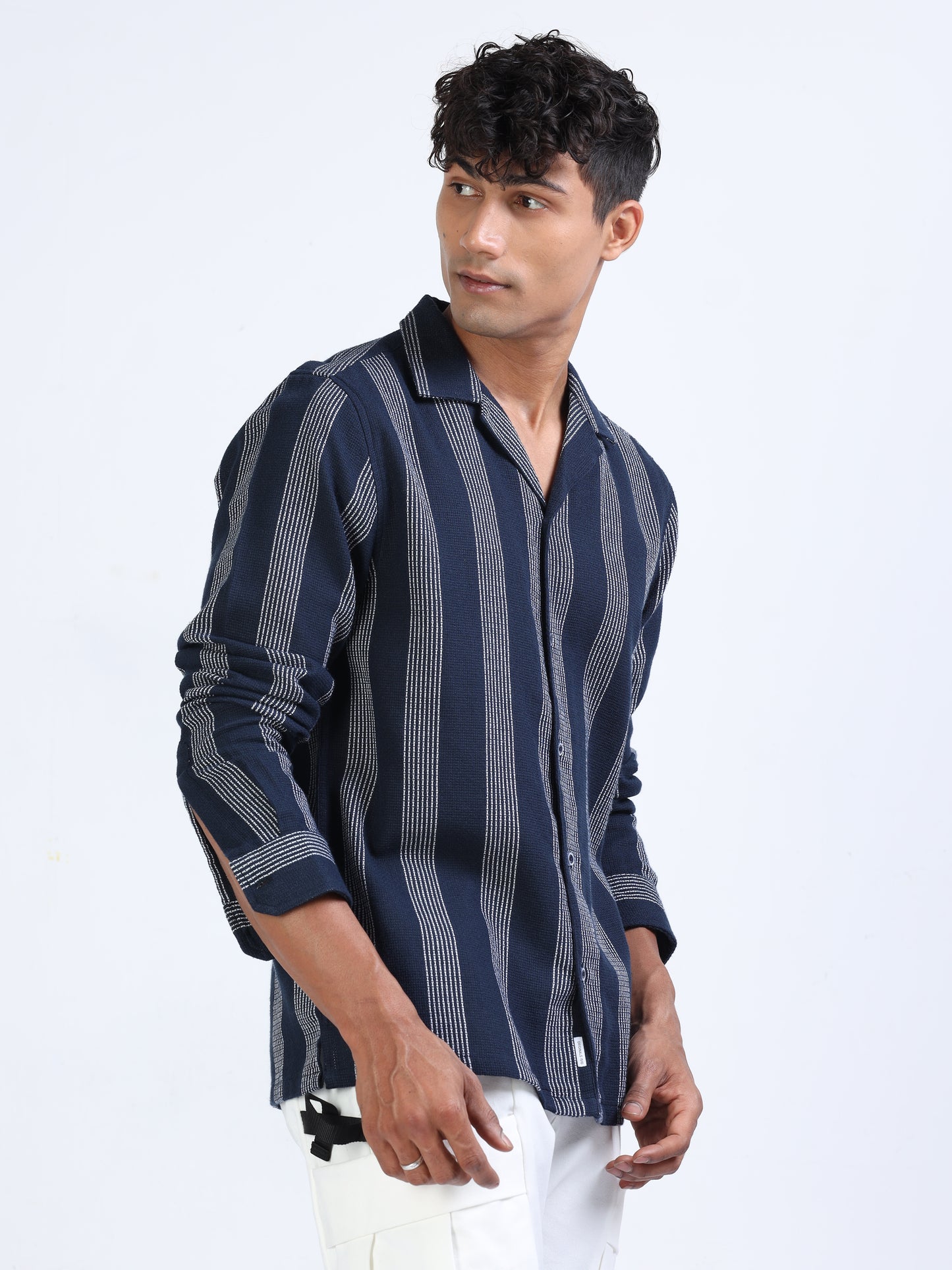 Navy Cuban Collar Cotton Dobby Shirt for Men 