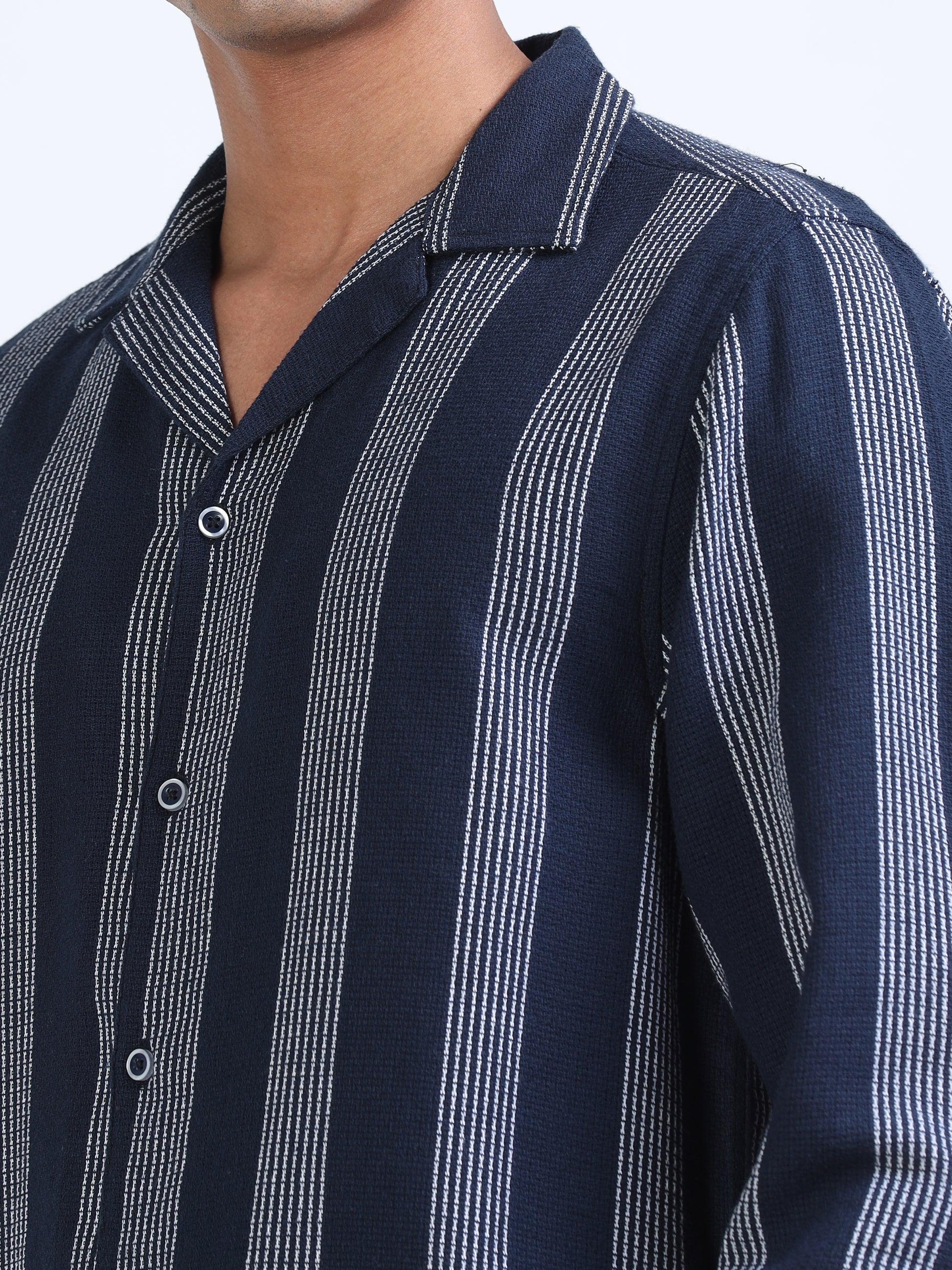Navy Cuban Collar Cotton Dobby Shirt for Men 