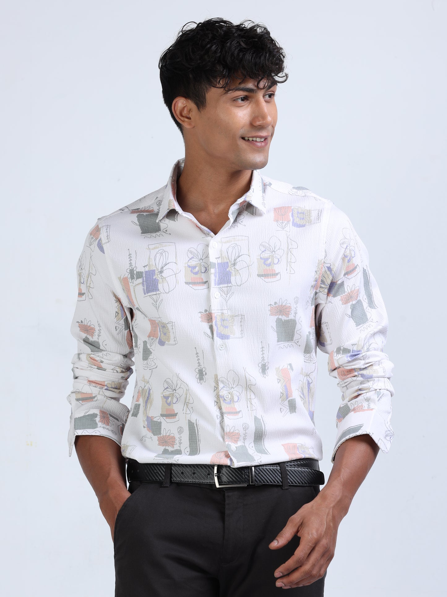 Peach & Grey Multi Printed Popcorn Shirt for Men 