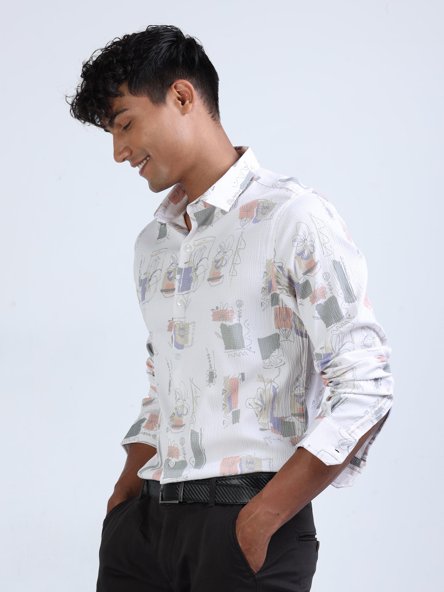 Peach & Grey Multi Printed Popcorn Shirt for Men