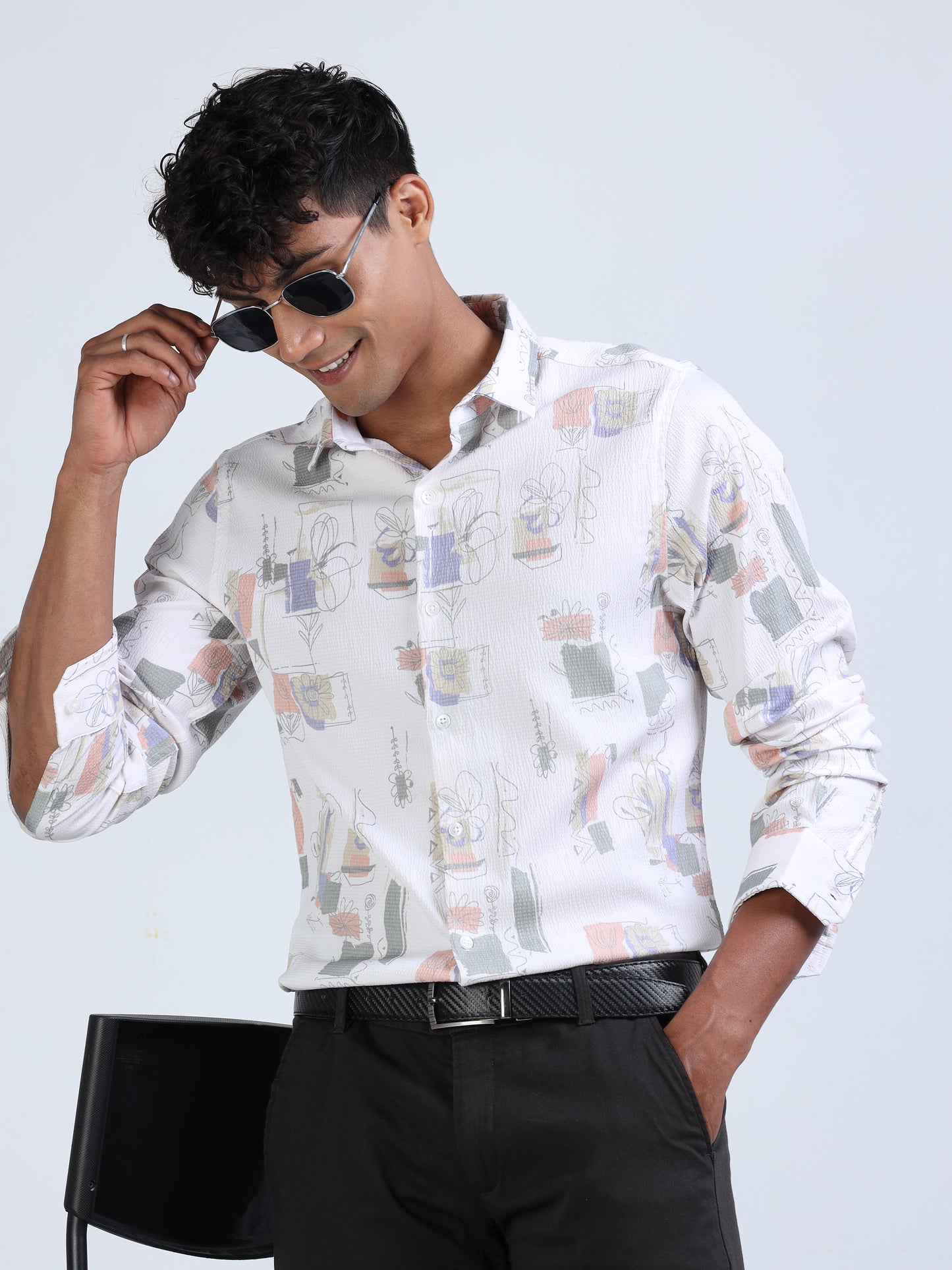 Peach & Grey Multi Printed Popcorn Shirt for Men