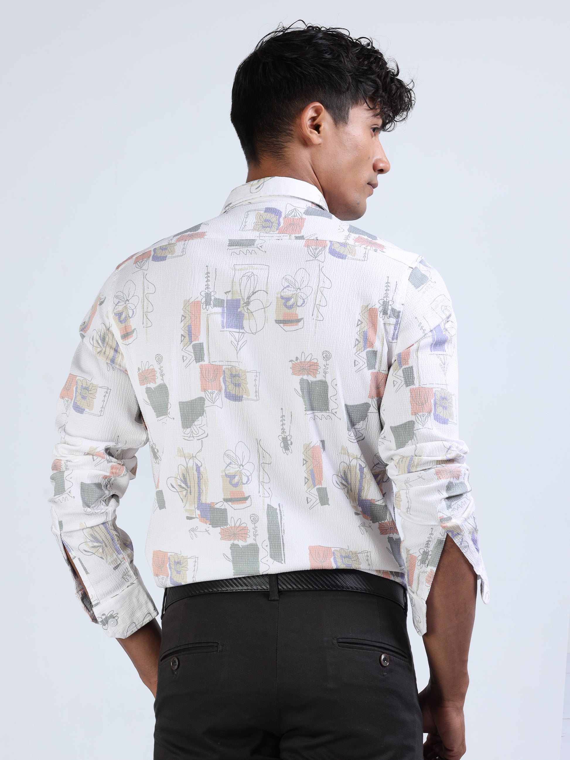 Peach & Grey Multi Printed Popcorn Shirt for Men