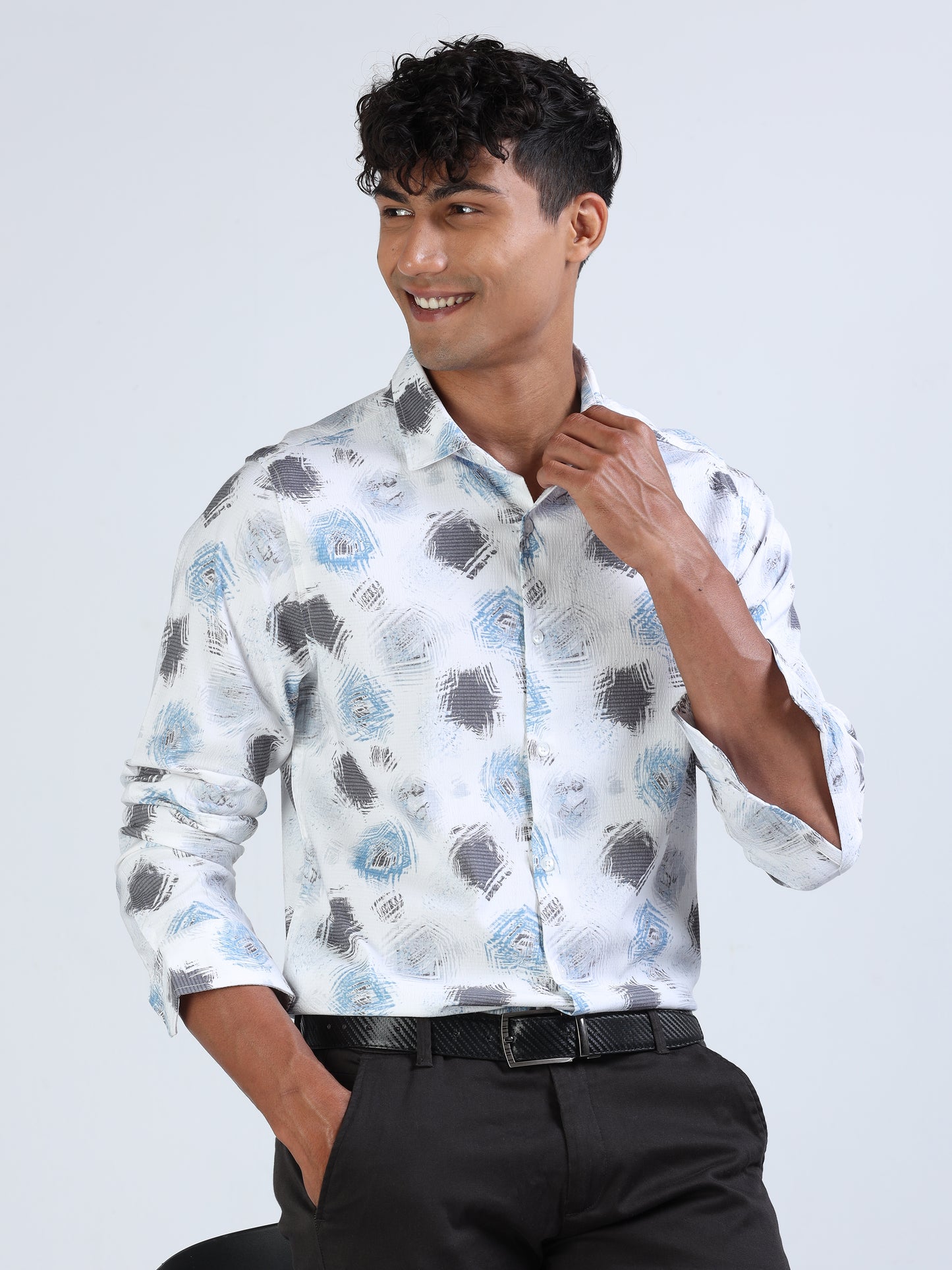 Blue & Grey Multi Printed Popcorn Shirt for Men 