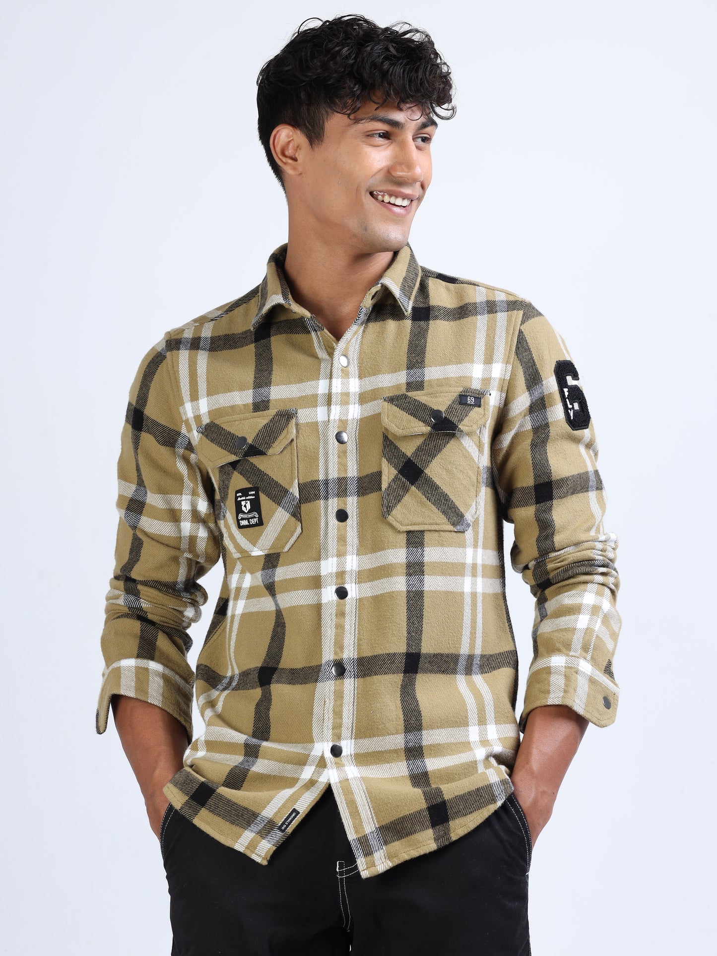 Dark Khaki Brushing Twill Cargo Shirt for Men 