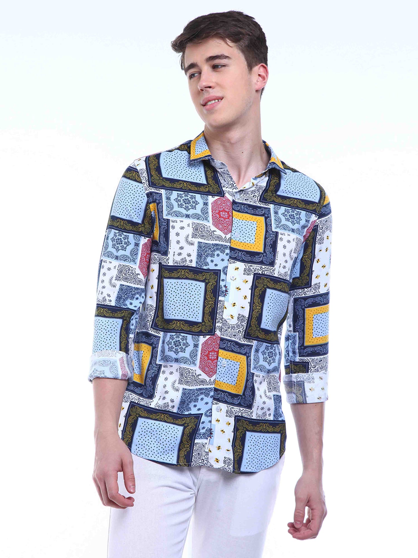 Yellow & Blue Box Printed Shirt