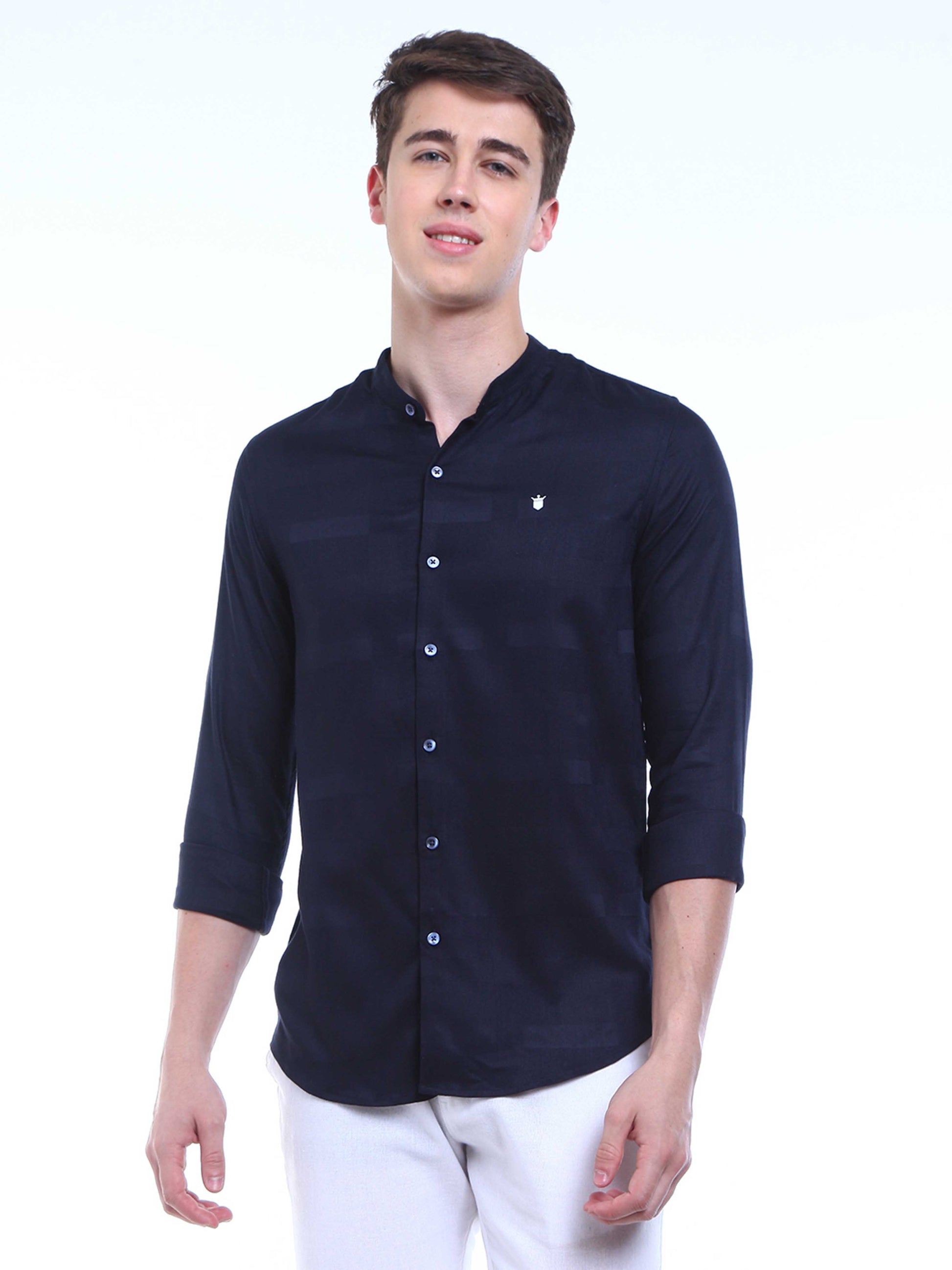 Chinese Collar Solid Navy Shirt