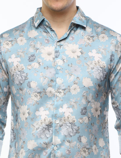 Turquoise Printed Shirt for Men 