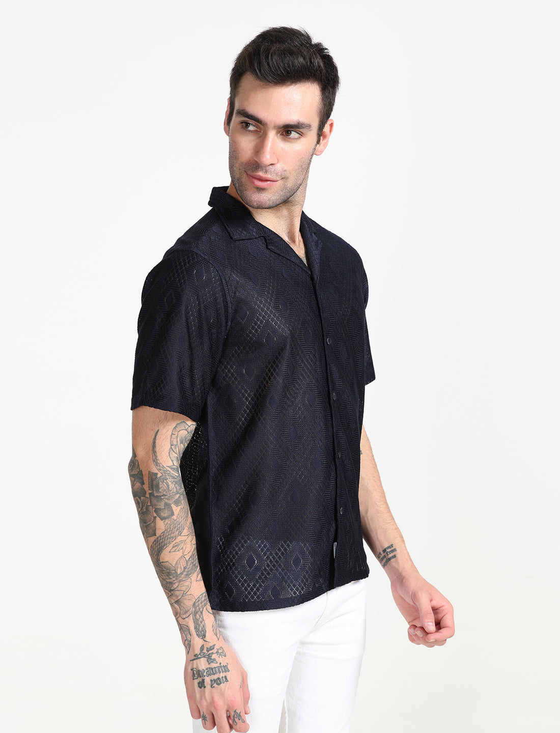 Navy Blue Crochet Half Sleeve Shirt for Men 