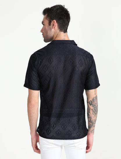 Navy Blue Crochet Half Sleeve Shirt for Men 