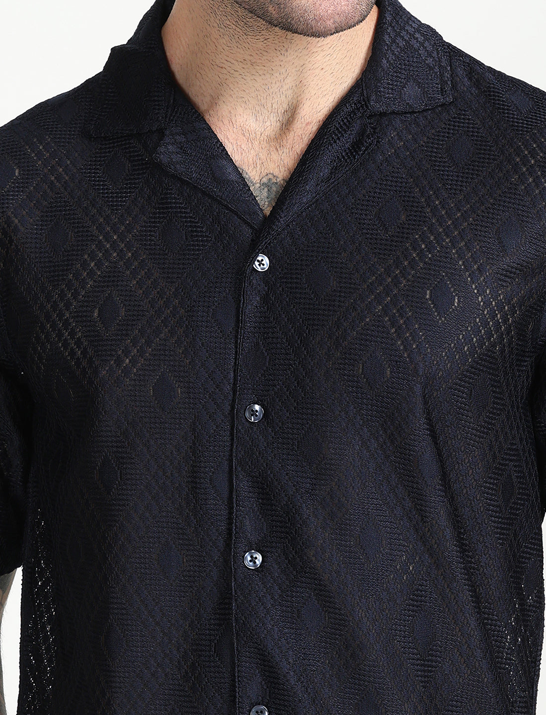 Navy Blue Crochet Half Sleeve Shirt for Men 