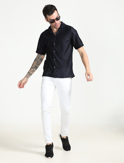 Navy Blue Crochet Half Sleeve Shirt for Men 