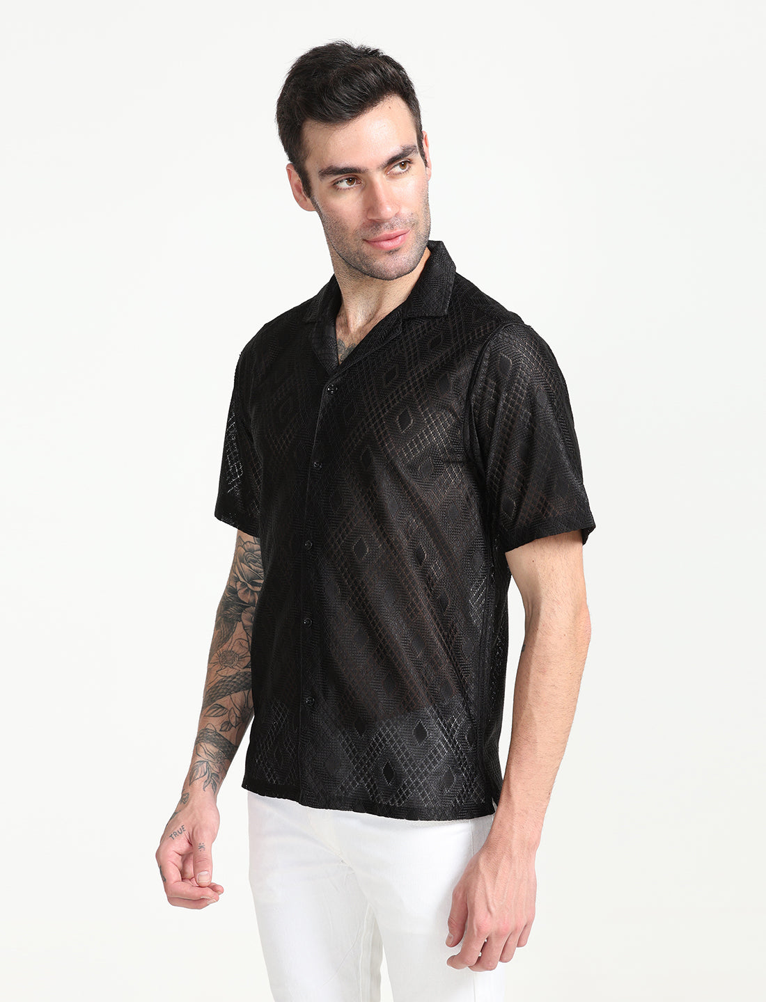 Black Crochet Half Sleeve Shirt