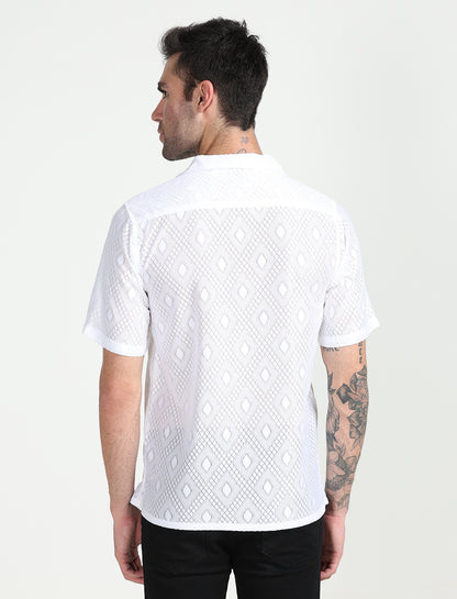 White Crochet Half Sleeve Shirt for Men 