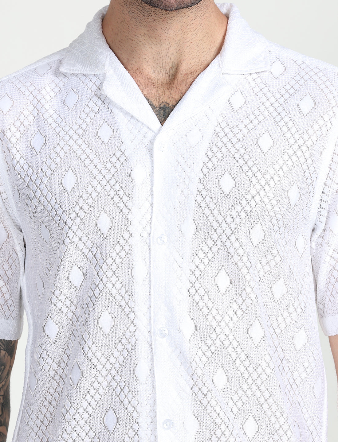 White Crochet Half Sleeve Shirt for Men 