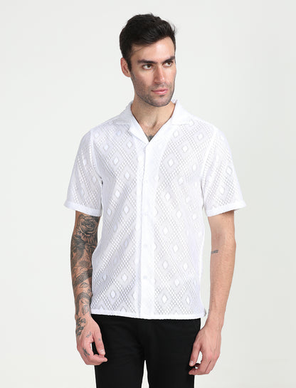 White Crochet Half Sleeve Shirt for Men 