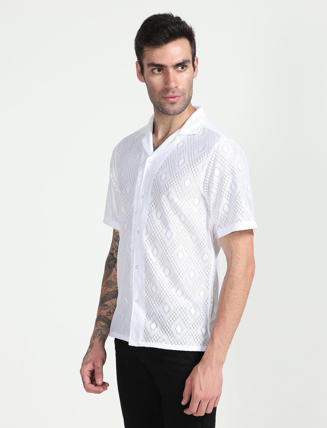 White Crochet Half Sleeve Shirt for Men 