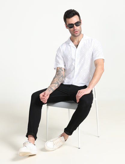 White Crochet Half Sleeve Shirt for Men 