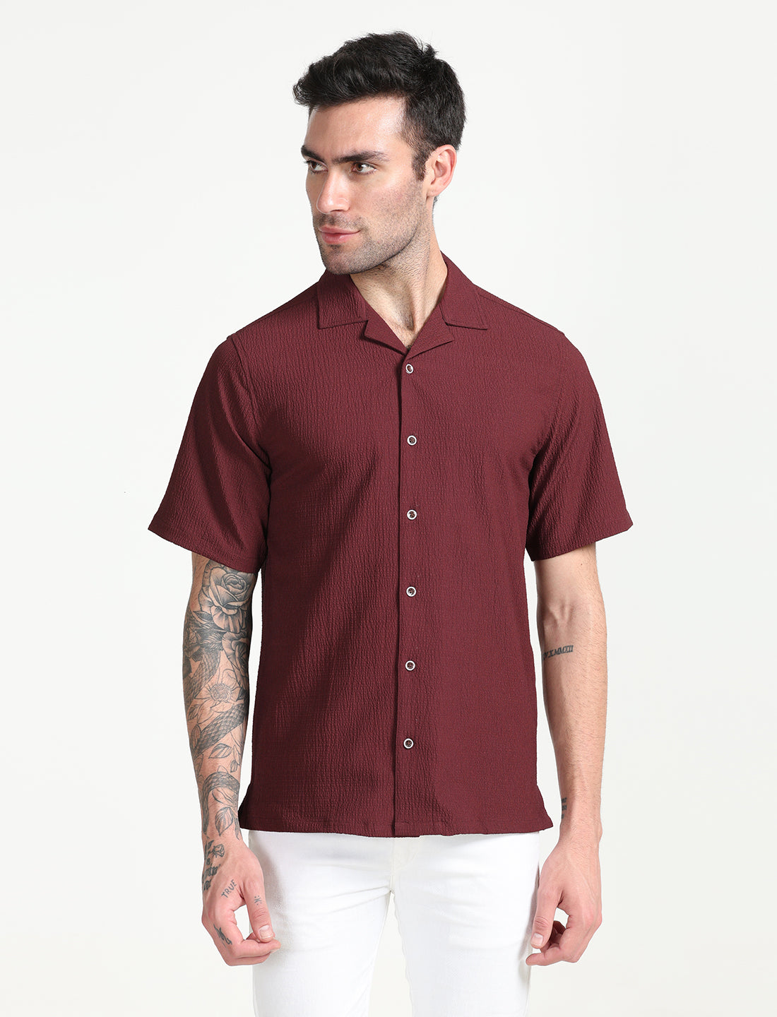 Maroon Popcorn Half Sleeve Shirt for Men 
