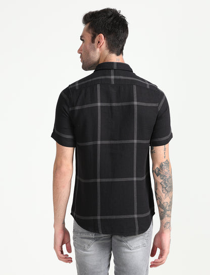  Black Dobby Checks Half Sleeve Shirt for Men 