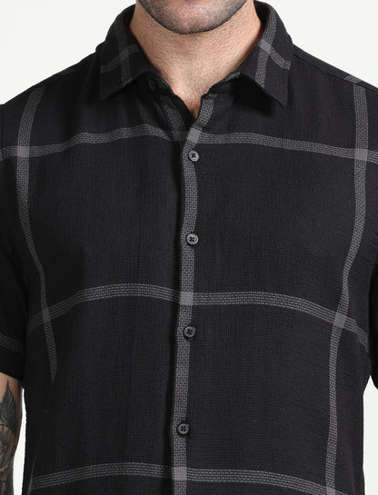  Black Dobby Checks Half Sleeve Shirt for Men 