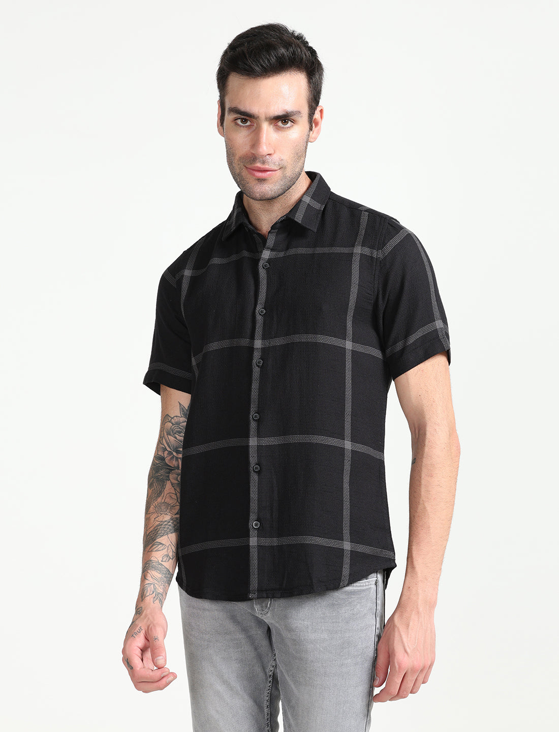  Black Dobby Checks Half Sleeve Shirt for Men 