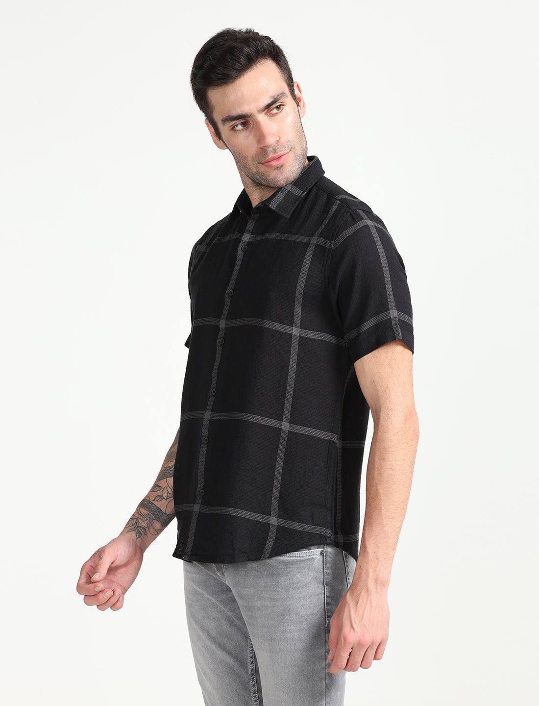  Black Dobby Checks Half Sleeve Shirt for Men 