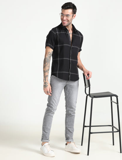  Black Dobby Checks Half Sleeve Shirt for Men 