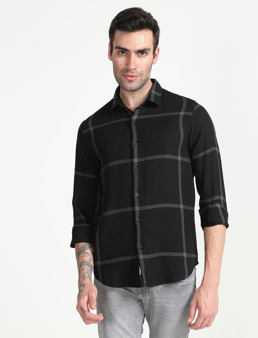 Black Checks Cotton Dobby Full Sleeve Shirt for Men 