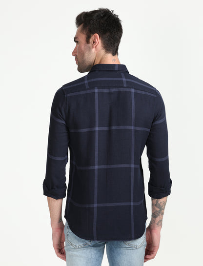 Blue Cotton Dobby Check Full Sleeve Shirt for Men 