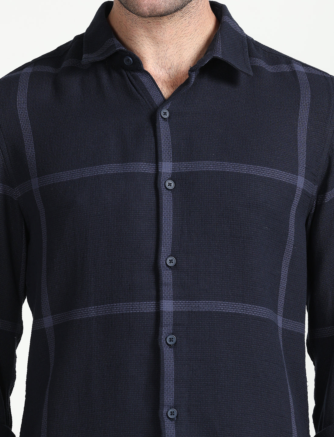 Blue Cotton Dobby Check Full Sleeve Shirt for Men 