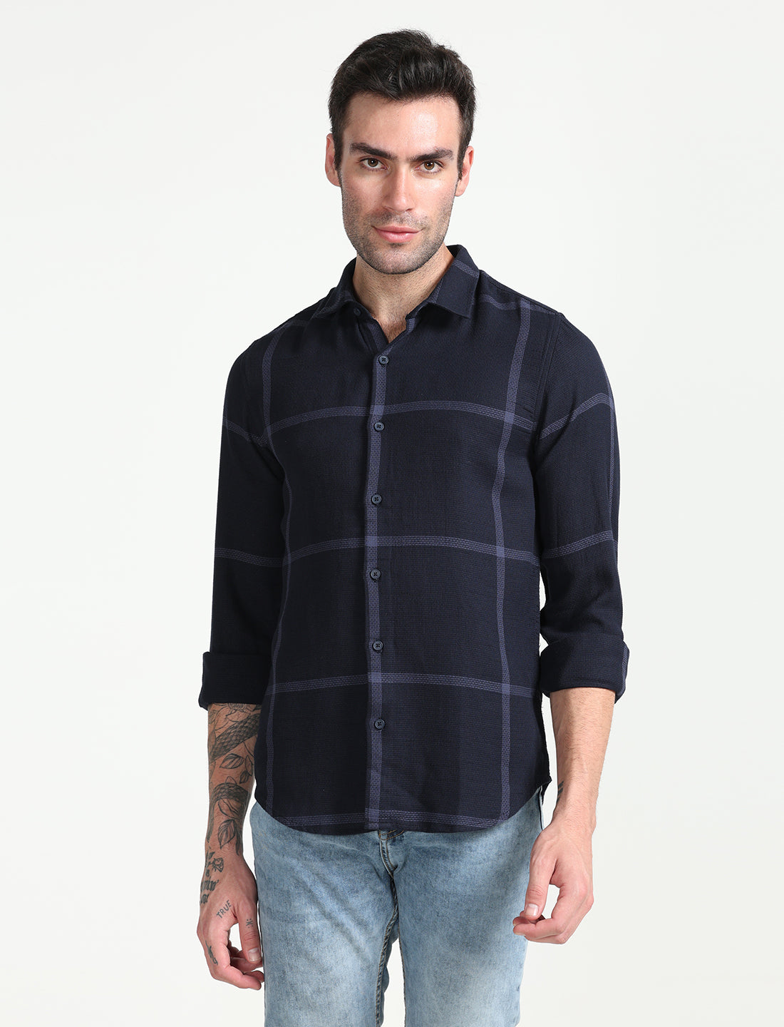 Blue Cotton Dobby Check Full Sleeve Shirt for Men 