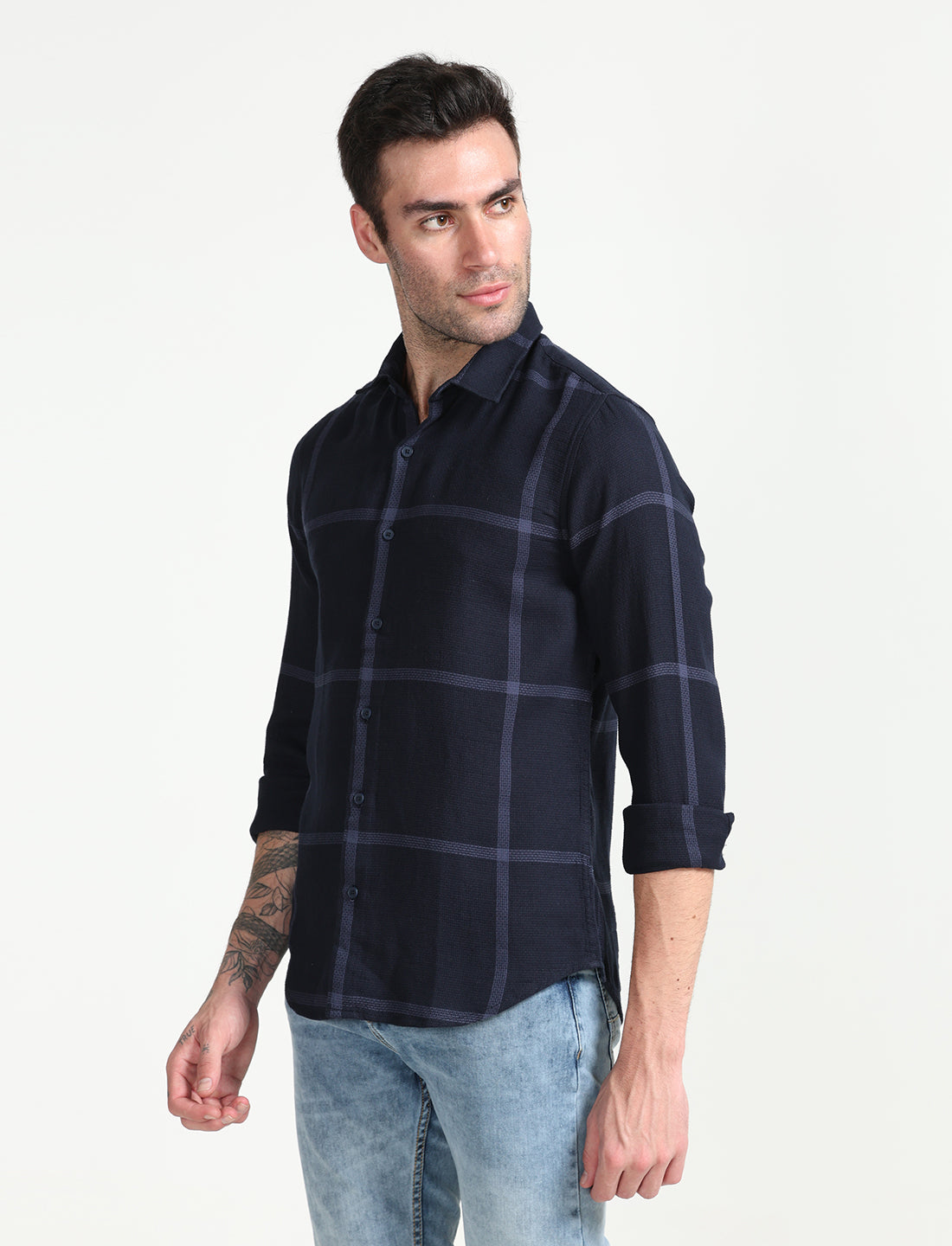 Blue Cotton Dobby Check Full Sleeve Shirt for Men 