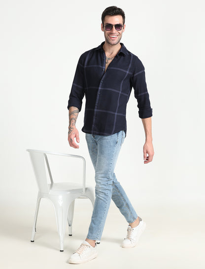 Blue Cotton Dobby Check Full Sleeve Shirt for Men 