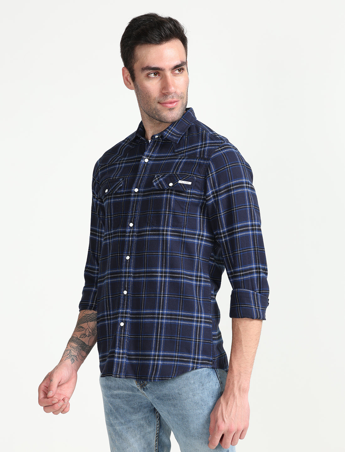 Dark Blue Checks Full Sleeve Shirt for Men 