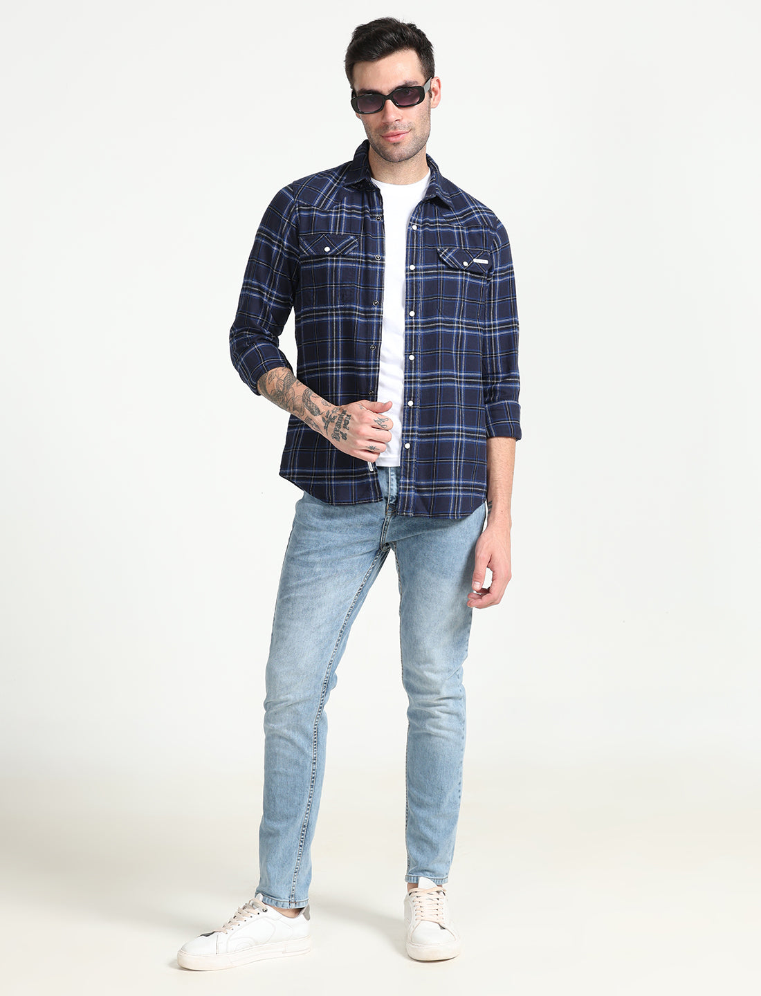 Dark Blue Checks Full Sleeve Shirt for Men 