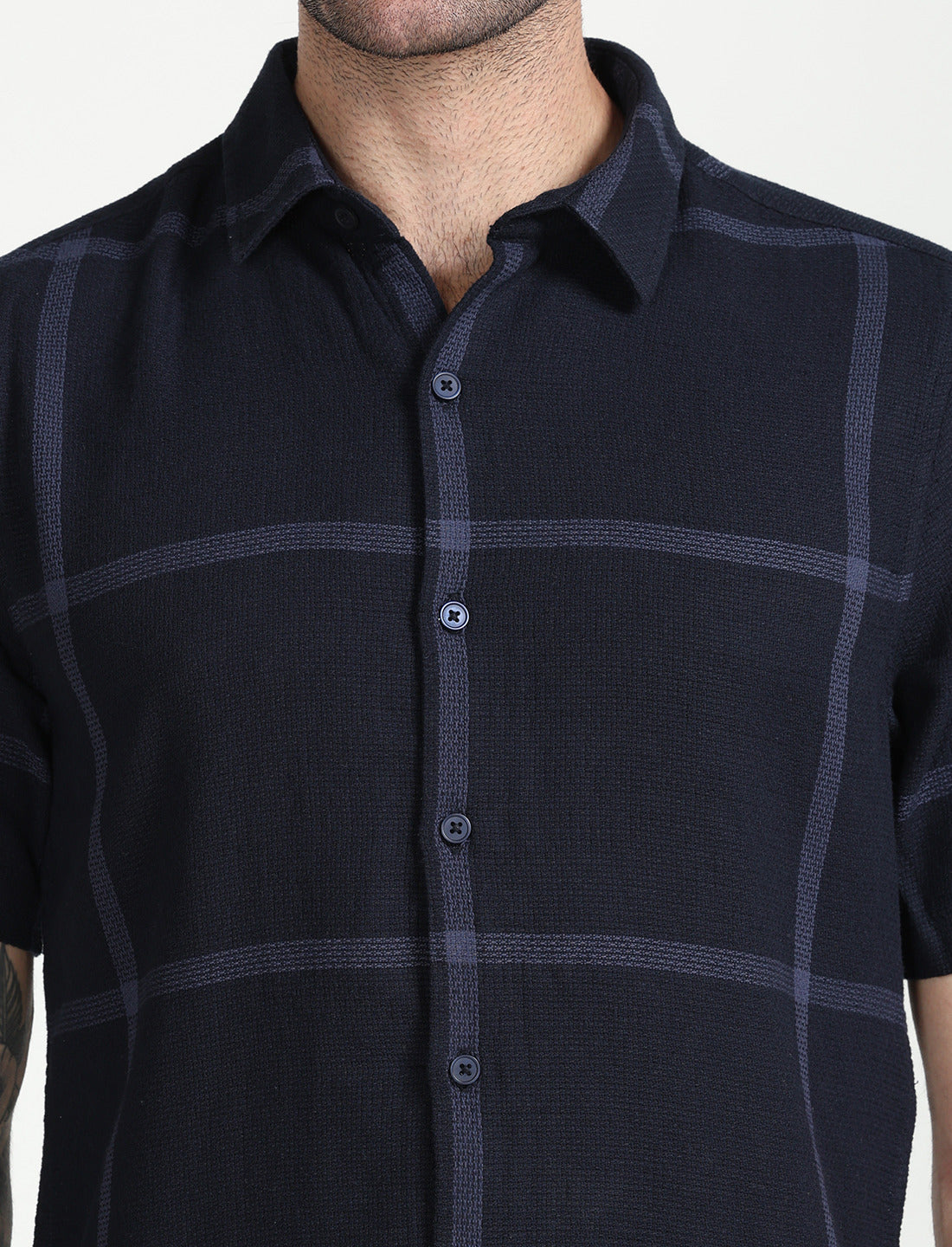 Navy Cotton Dobby Checks Half Sleeve Shirt for Men 